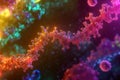 Close up view of a molecular RNA chain with surrounding viruses in vibrant colors. Generative AI