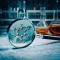Close-up view of a molecular structure through a magnifying glass in a lab setting with flasks and diagrams Royalty Free Stock Photo