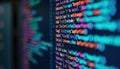 Close up view of monitor screen showing colorful source code. Abstract tech background. Coding on monitor screen. Modern software Royalty Free Stock Photo