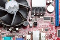 Close-up view of the motherboard of computer with PCU cooler. Top view, background. Royalty Free Stock Photo