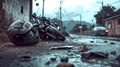 Motorcycle crash scene on a rainy day in the street of a small town. Captures the aftermath of an accident. The scene is