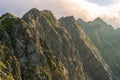 Close up view at mountain peaks under clouds. Summer afternoon, Tatra Mountains, Orla Perc Royalty Free Stock Photo