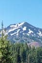 Close up view of Mt Bachelor in the summer in Bend Oregon on a sunny day.