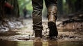 Close up view of mud caked leather hiking legs in boots trek