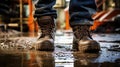 Close up view of mud caked leather hiking legs in boots trek