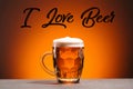 close up view of mug of cold beer and i love beer lettering