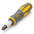 A versatile multi bit screwdriver with a grey and yellow handle isolated on white background Royalty Free Stock Photo