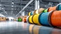 Close-up view of multicolored cable spools on the warehouse floor with a large industrial space in the background lit by natural Royalty Free Stock Photo