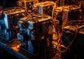 Close up view of multiple cryptocurrency mining rigs with cables and cooling fans in operation for blockchain transaction Royalty Free Stock Photo
