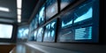 Close-up view of multiple digital screens displaying data analytics and graphs in a modern control room environment with blurred Royalty Free Stock Photo