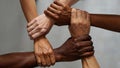 Diverse hands interlocking arms, forming a united circle representing collaboration, teamwork, support, community, racial equality Royalty Free Stock Photo