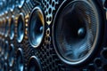 Close-up view of multiple speakers mounted on a wall, suitable for use in design and technology concepts Royalty Free Stock Photo