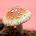 A close up view of a mushroom cap with water droplets on a pastel coral background