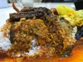 Close up view of Nasi Kandar or Kandar Rice with hot curry