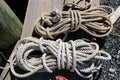 Close-up view of nautical ropes on a dock on a piet