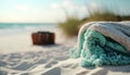 close-up view of a neatly rolled towel on white sand at the beach, Perfect Holliday. Generative AI