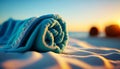 close-up view of a neatly rolled towel on white sand at the beach, Perfect Holliday. Generative AI