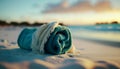 close-up view of a neatly rolled towel on white sand at the beach, Perfect Holliday. Generative AI