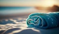 close-up view of a neatly rolled towel on white sand at the beach, Perfect Holliday. Generative AI