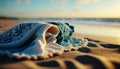 close-up view of a neatly rolled towel on white sand at the beach, Perfect Holliday. Generative AI