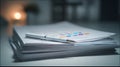 A Close-Up View of a Neatly Stacked Pile of Documents with a Pen Resting on Top, Perfect for Office or Academic Use Royalty Free Stock Photo