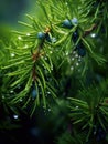 Close-up view of needles and leaves on pine tree. These needles are covered in water droplets, which give them an Royalty Free Stock Photo