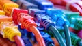 a close-up view of network cables with color-coded connectors Royalty Free Stock Photo