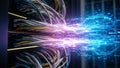 Close up view of network cables plugged into a server rack showcasing vibrant streams of digital data transmission and futuristic Royalty Free Stock Photo