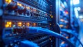 Network server room with blue cables and lights Royalty Free Stock Photo