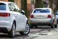 Close-up view of a new modern car parked on the side of the street Royalty Free Stock Photo