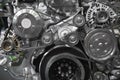 Close up view on new truck diesel engine motor belt, pulleys, gears, alternator and other engine equipment. Assembled truck diesel Royalty Free Stock Photo