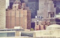 Close up view of New York architecture, color toned picture, USA