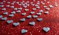 close-up view numerous small silver heart-shaped objects scattered across red glittery surface, creating Royalty Free Stock Photo