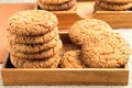 Close-up view on oat biscuits in wooden boxes Royalty Free Stock Photo