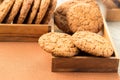 Close-up view on oat biscuits in wooden boxes Royalty Free Stock Photo