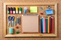 Close up view of the office tools on cork board Royalty Free Stock Photo