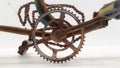 close up view of old bicycle transmission with a lot of rust