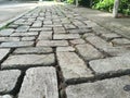 Close up view old cobblestone path