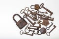 Close up view of old padlock and keys on a white background with copy space Royalty Free Stock Photo