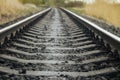 Close up view of the old railroad. Railway. Selective focus. Industrial concept background. Royalty Free Stock Photo