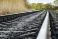 Close up view of the old railroad. Railway. Selective focus. Industrial concept background. Royalty Free Stock Photo