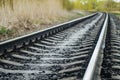 Close up view of the old railroad. Railway. Selective focus. Industrial concept background. Royalty Free Stock Photo