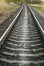 Close up view of the old railroad. Railway. Selective focus. Industrial concept background. Royalty Free Stock Photo