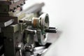 Close up view of old rusty lathe machine with copy space Royalty Free Stock Photo