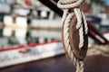 Close up view of a old vintage pulley system with rigging ropes