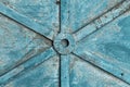 Close up view of old weathered metal door or gate - aged metal rusty texture background with copy space. Selective focus Royalty Free Stock Photo