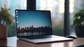 Close-up view of an open blank screen laptop computer with office supplies in a modern office setting, ideal for illustrating a Royalty Free Stock Photo