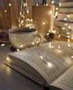 Close up view of open book, books in the back, garland and cup of coffee Royalty Free Stock Photo