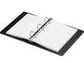 A close-up view of an open, empty, black binder with two rings Royalty Free Stock Photo