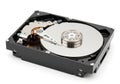 Close-up view of an open hard disk drive showing internal components and platter Royalty Free Stock Photo